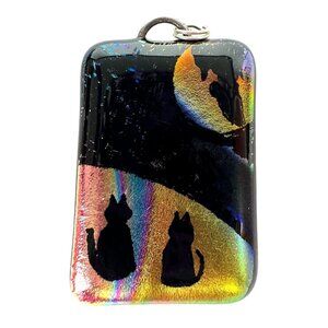 Handcrafted Fused Dichroic Glass Cats & Moon Pendant by D Taylor
